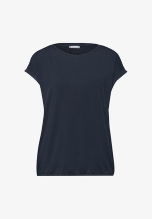Top de mujer azul marino oscuro con mangas cortas, puños doblados, cuello redondo y dobladillo elástico.