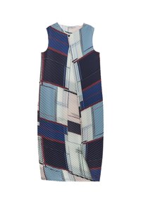 Mouwloze jurk tot de knie met geplooide stof en een geometrisch patroon van blauwe, marineblauwe, witte en rode rechthoeken, met knoopsluiting aan de voorkant.