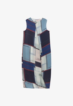 Mouwloze jurk tot de knie met geplooide stof en een geometrisch patroon van blauwe, marineblauwe, witte en rode rechthoeken, met knoopsluiting aan de voorkant.