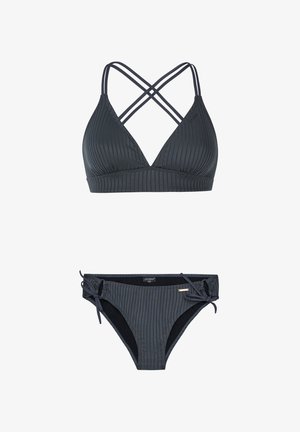 Ciemnoszary, prążkowany zestaw bikini z trójkątnym biustonoszem z krzyżującymi się ramiączkami oraz dopasowanym dołem bikini z detalami w postaci zawiązywanych na bokach.