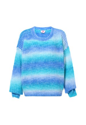 Strikket sweater med horisontale gradientstriber i blå, turkis og hvid, med lange ærmer og rund hals.