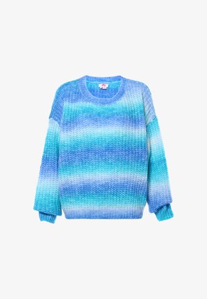Strikket sweater med horisontale gradientstriber i blå, turkis og hvid, med lange ærmer og rund hals.