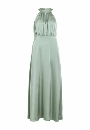 Svetlo zelena satenasta obleka z ovratnikom na zavezovanje okoli vratu, s poudarjenim nabranim zgornjim delom, ohlapnim krojem in dolgim krilom z bočnim razporkom. Spodaj je zadrga na zadnjem delu.