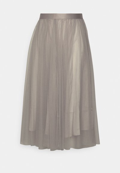 Gonna di tulle grigia chiara con fascia in satin, caratterizzata da un design a strati e una morbida texture trasparente che conferisce un aspetto fluttuante.