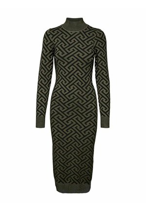 Langærmet, knælængde, tætsiddende kjole med høj krave, med et olivengrønt og sort geometrisk labyrintmønster.