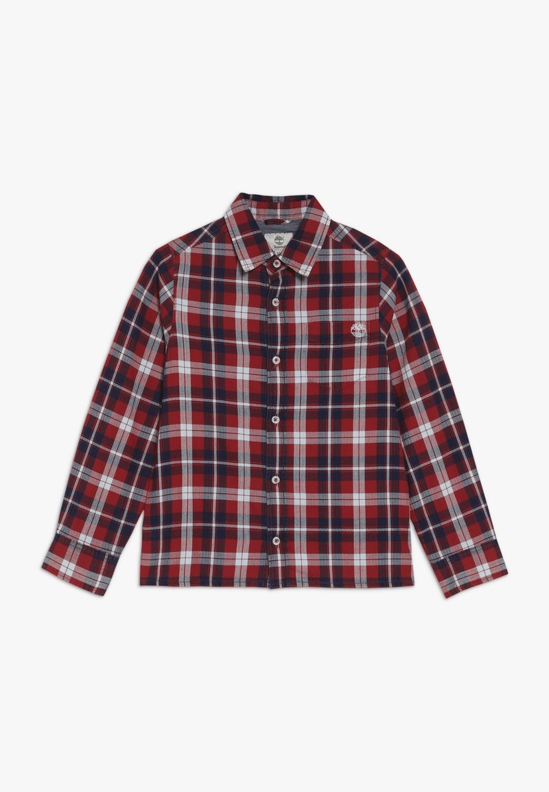 Czerwona i granatowa kraciasta koszula z długim rękawem, z kołnierzykiem na guziki, z małym logo na lewym biuście i kieszenią.