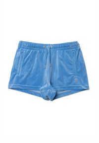 Pantaloni corti in velluto blu con cintura elastica, dettaglio con coulisse, due tasche laterali e un piccolo logo in strass in basso a sinistra.