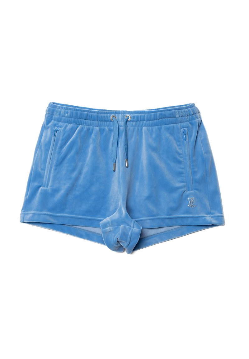 Pantaloni corti in velluto blu con cintura elastica, dettaglio con coulisse, due tasche laterali e un piccolo logo in strass in basso a sinistra.