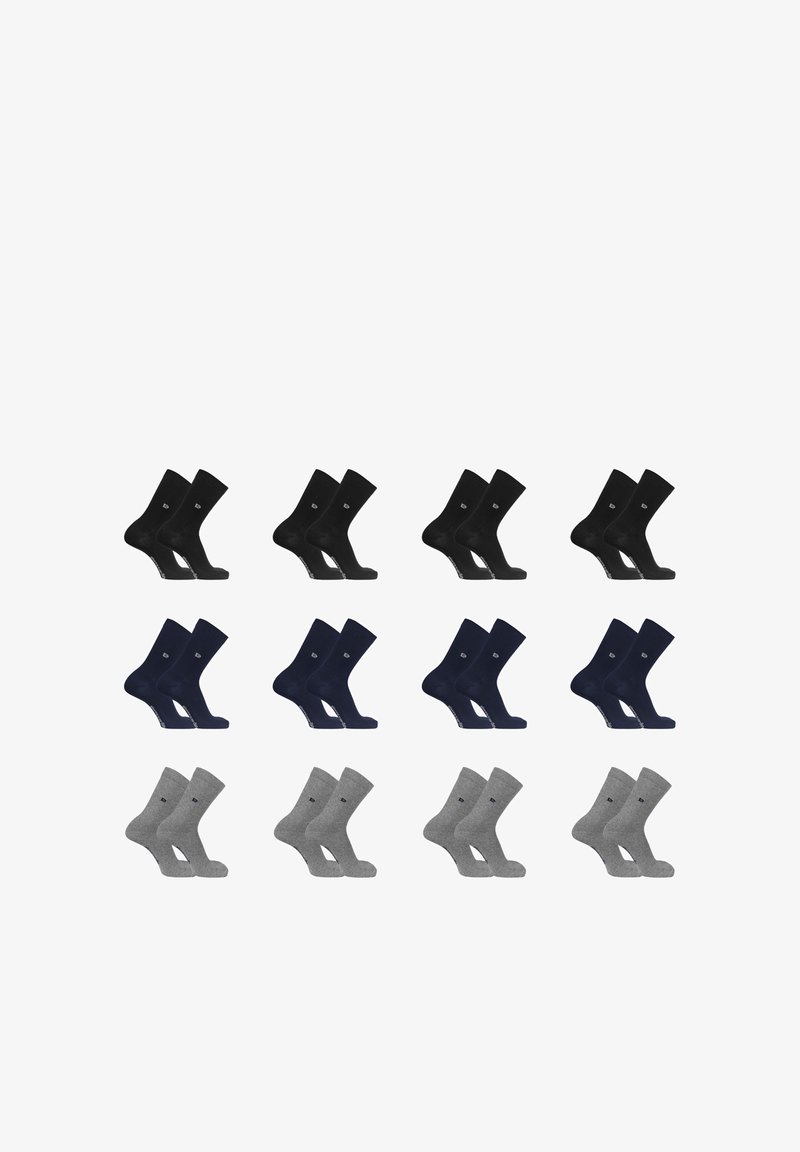 Huit paires de chaussettes noires, bleu marine et grises disposées en trois rangées sur un fond blanc.