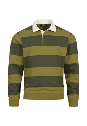 Grön och olivrandig långärmad polo tröja med vit krage och ribbade ärmslut, tillverkad av mjukt bomullsmaterial. Logotyp på bröstet.