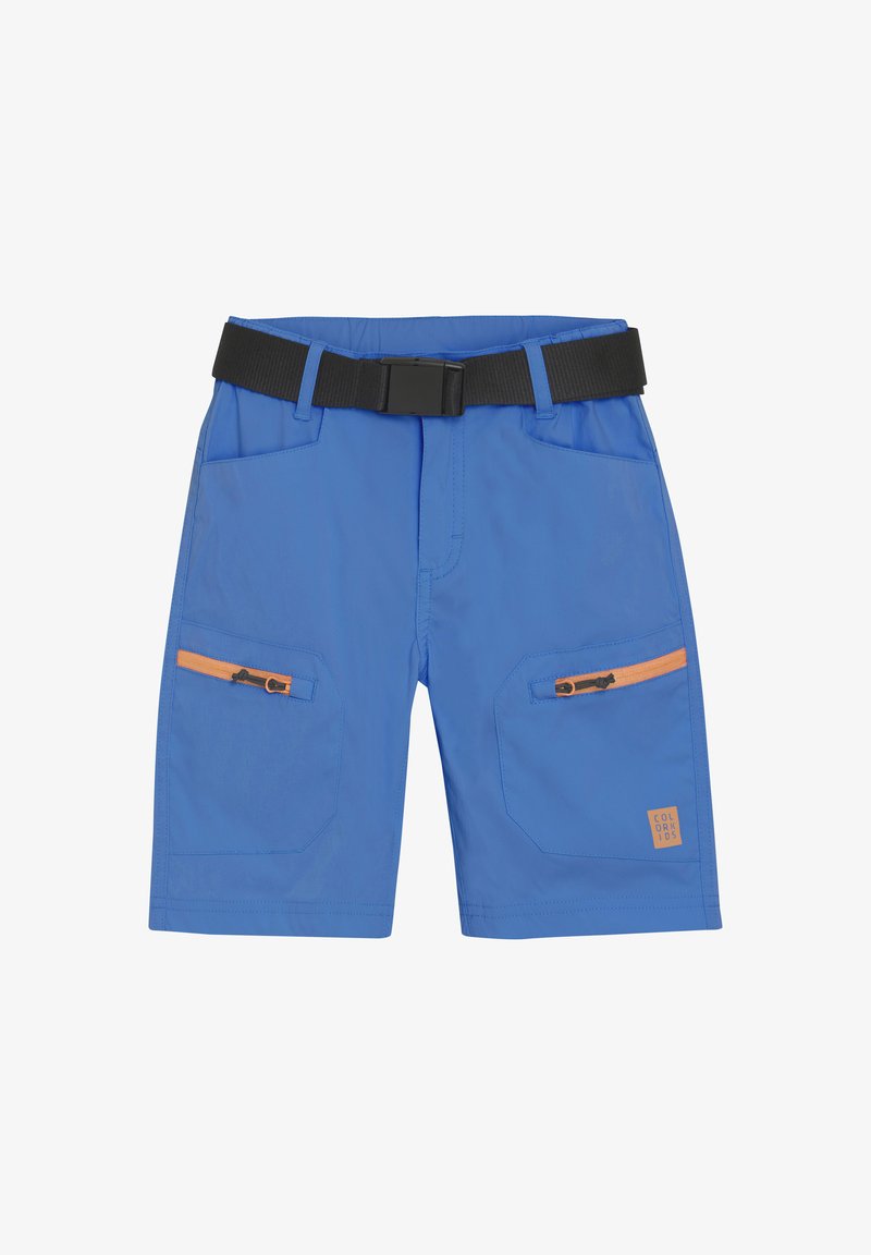 Blå shorts gjorda av lättviktig tyg. Har två fickor med dragkedja med orange detaljer och ett svart bälte. Platt midjeband och rak skärning.