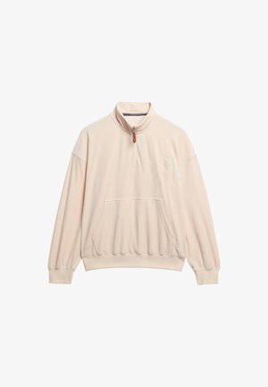 Felpa beige chiaro con collo a mezza zip, polsini a coste e tasca a marsupio frontale. Presenta un logo ricamato sul petto.