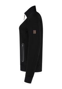 Zwarte kwart-rits jas met hoge kraag, ritszak aan de zijkant en een klein rechthoekig label op de bovenarm.