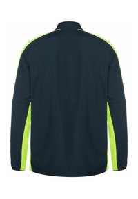 Marinejacke mit fluoreszierend grünen Seiteneinsätzen, langen Ärmeln und Stehkragen. Glatte Textur ohne sichtbare Verschlüsse.