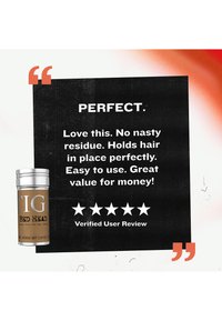 Pięciogwiazdkowa opinia użytkownika chwaląca patyczek do włosów TIGI Bed Head za brak pozostałości, doskonałe utrzymanie włosów, łatwość użycia i świetną wartość.
