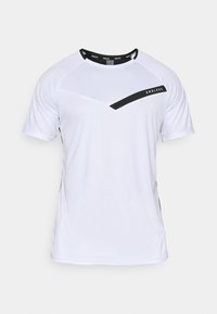 White athletic t-shirt with black accents and a logo, featuring a V-shaped design on the front, short sleeves, and a round neckline.