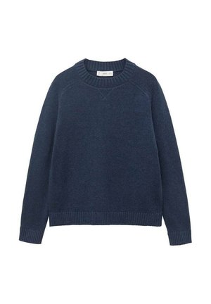 Pull bleu marine à col rond, avec des poignets et un ourlet côtelés, fabriqué en tissu tricoté. Comprend des manches raglan et une finition texturée.
