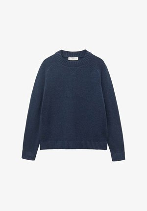 Dunkelblaues Sweatshirt mit Rundhalsausschnitt, gerippten Bündchen und Saum, aus gestricktem Stoff. Verfügt über Raglanärmel und eine strukturierte Oberfläche.