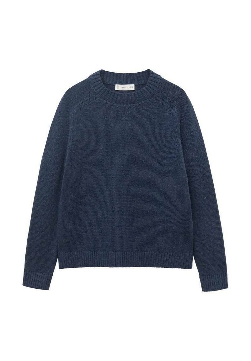 Námořnická modrá svetr s kulatým výstřihem, žebrovanými manžetami a lemem, vyrobený z pletené tkaniny. Má raglánové rukávy a texturovaný povrch.
