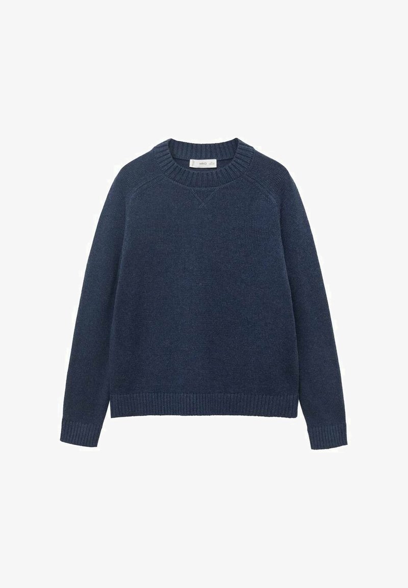 Pulover bleumarin cu guler rotund, mansete și tiv cu nervuri, realizat dintr-un material tricotat. Dispune de mâneci raglan și un finisaj texturat.