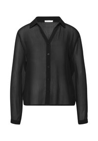 Camisa negra transparente de botones con escote en V, mangas largas y una tela texturizada. Presenta un cuello y cierre de botones en la parte delantera.