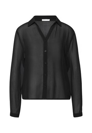 Schwarze durchsichtige Bluse mit V-Ausschnitt, langen Ärmeln und strukturiertem Gewebe. Mit Kragen und Knopfleiste.