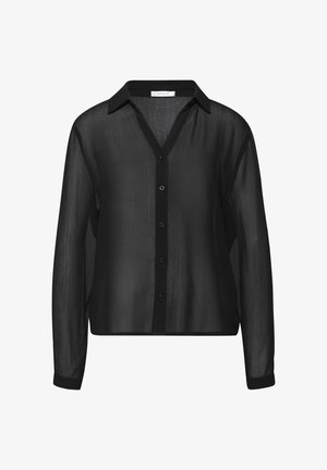 Schwarze durchsichtige Bluse mit V-Ausschnitt, langen Ärmeln und strukturiertem Gewebe. Mit Kragen und Knopfleiste.