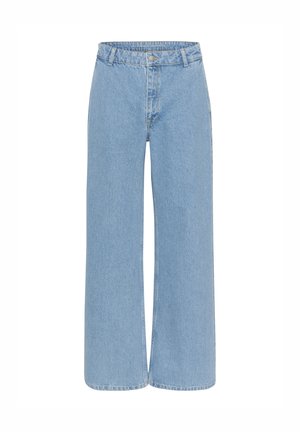 Light blue wide-leg jeans with a high waist, made from denim, featuring a front button and zipper closure. Straight-cut leg with minimal stitching.
