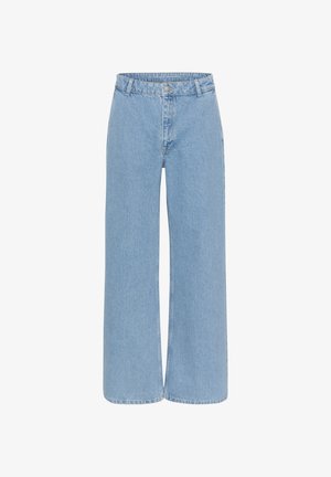 Svetlo modré široké džínsy s vysokým pásom, vyrobené z denimu, s predným zapínaním na gombík a zips. Priama nohavica s minimálnym šitím.