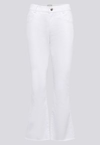 Weiße weit geschnittene Jeans mit glatter Textur, Knopfverschluss und zwei vorderen Taschen; mit gestickten Details entlang der Taschen gestaltet.