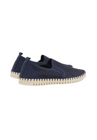 Navy slip-on shoes with a perforated design and soft fabric upper, featuring a textured white rubber sole and accents along the edge.