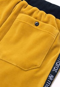 Żółte szorty z polaru z czarnym elastycznym pasem. Posiadają kieszeń z tyłu z guzikiem oraz boczny pasek z białym napisem marki.