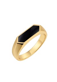 Zelta gredzens ar sešstūru melnu akmeni ielikta augšpusē. Gluda, spīdīga virsma ar plakanu joslu un slīpētu ārējo virsmu.