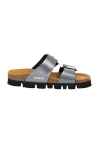 Zilveren slide sandalen met twee verstelbare banden, kurken voetbed en zwarte rubberen zool met een gestructureerde grip. Merkennaam "palado" zichtbaar.