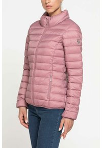 Giacca a vento rosa chiaro con trapuntatura orizzontale, colletto alto e tasche con zip. Texture liscia con un design aderente.
