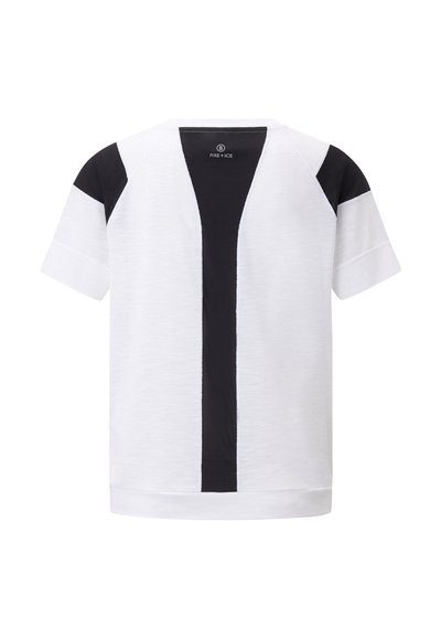 Korte mouwen t-shirt met een witte basis en een zwart V-vormig paneel aan de voorkant, met zwarte accenten op de schouders. Grote textuur.