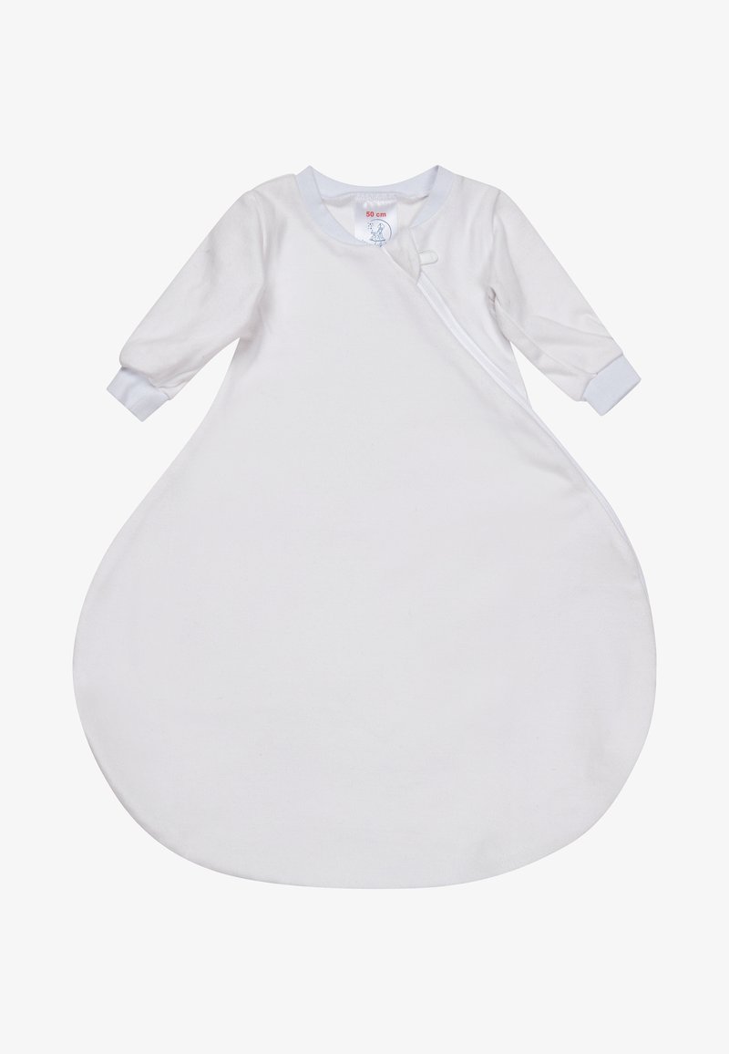 White infant sleep sack with long sleeves, zipper on front right side, and 50 cm size tag at neckline.