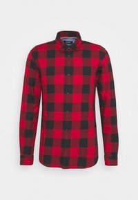 Camicia a maniche lunghe rossa e nera a scacchi in cotone, con design a bottoni, colletto e sei bottoni frontali.