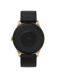 Orologio tondo nero con accenti dorati, cinturino in gomma e un fondo cassa nero liscio con un dettaglio centrale rotondo e una corona sul lato.