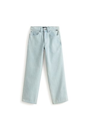 Lichtblauwe spijkerbroek met een rechte pijp, vijf zakken en een knoopsluiting. Zachte textuur en mediumgewicht stof.