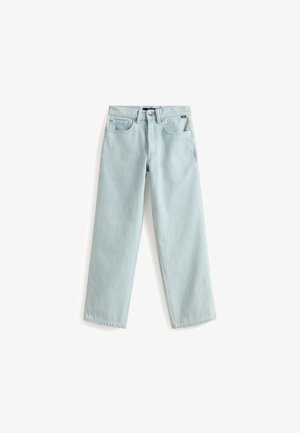 Lichtblauwe spijkerbroek met een rechte pijp, vijf zakken en een knoopsluiting. Zachte textuur en mediumgewicht stof.