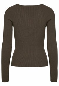 Pull en maille côtelée marron foncé à manches longues, taille ajustée et encolure arrondie, vu de dos.