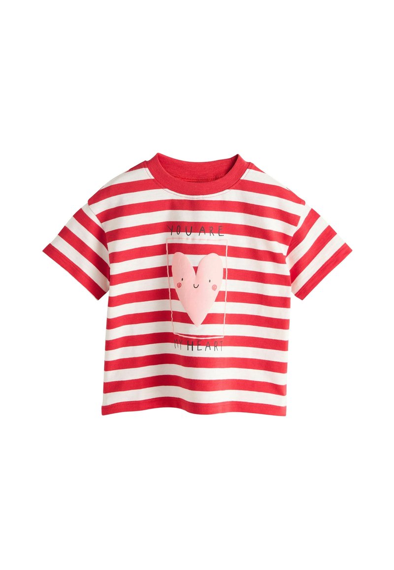 Red and white striped short-sleeve t-shirt with a graphic of a pink heart and the text "YOU ARE MY HEART." Soft cotton material.