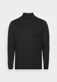Schwarzes Langarm-Turtleneck-Shirt aus glattem Stoff, mit taillierter Passform und kleinem Logo-Detail auf der Vorderseite.