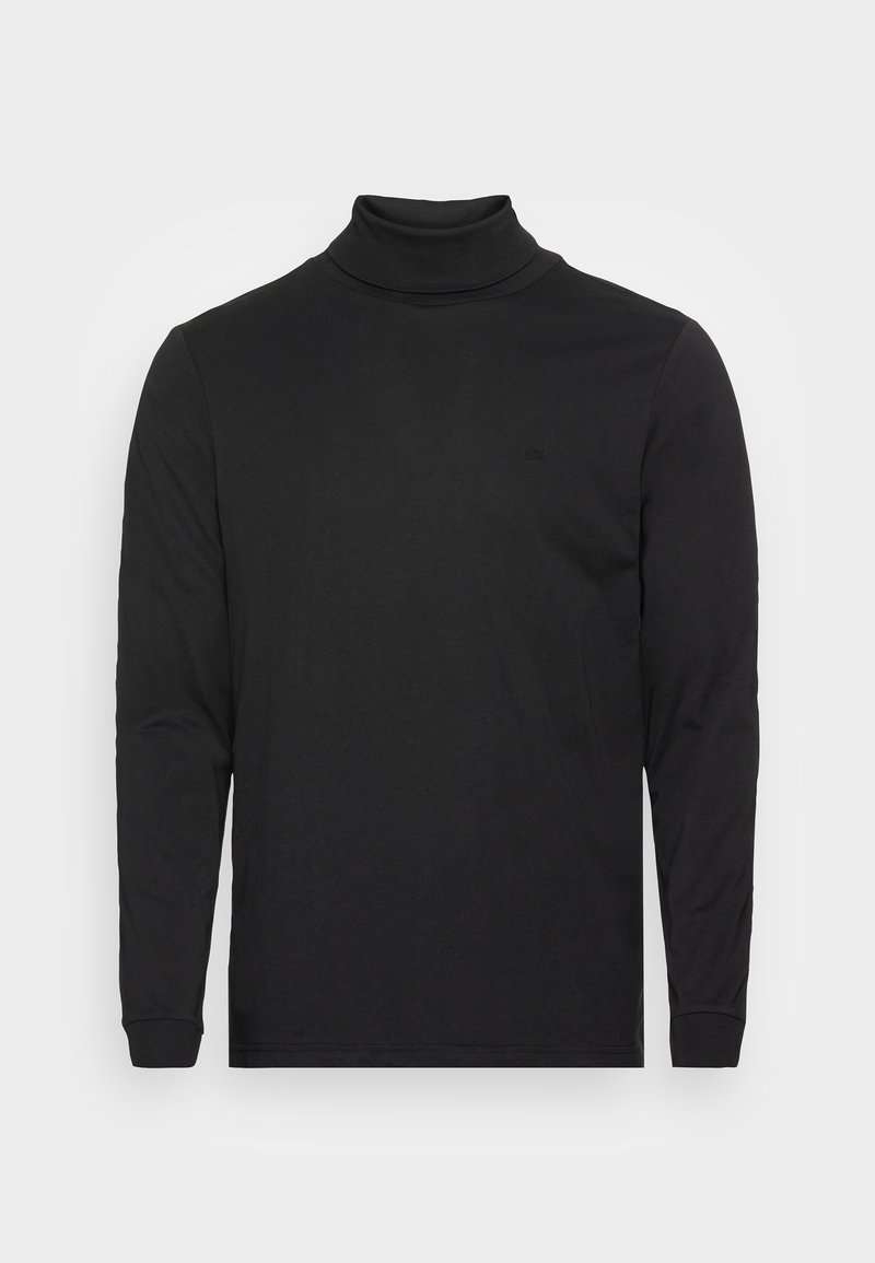 Schwarzes Langarm-Turtleneck-Shirt aus glattem Stoff, mit taillierter Passform und kleinem Logo-Detail auf der Vorderseite.