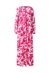 Robe longue à manches longues avec motif abstrait de feuilles rose vif et blanc, taille froncée, encolure ronde et détail à nouer.