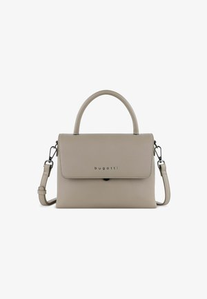 Borsa a mano in pelle beige con manico superiore e tracolla staccabile. Presenta una chiusura a pattina e il logo del marchio impresso sul davanti.