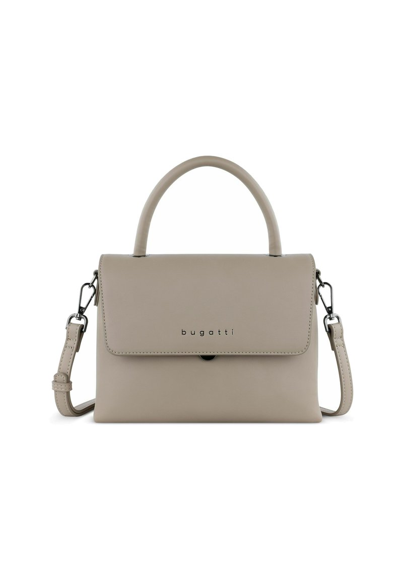 Beige leren handtas met een bovenhandvat en afneembare schouderband. Voorzien van een klep sluiting en een geperst merkembleem aan de voorkant.