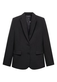 Blazer noir au design ajusté, tissu lisse, revers crantés, deux poches avant et fermeture à deux boutons.