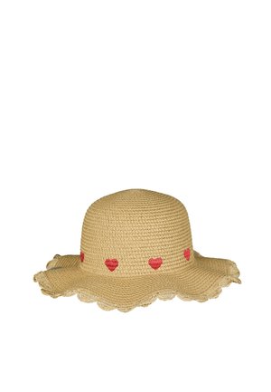 Strohhut mit wellenförmigen Kanten und einer Reihe kleiner roter Herzen, die um die Krone herum gestickt sind.